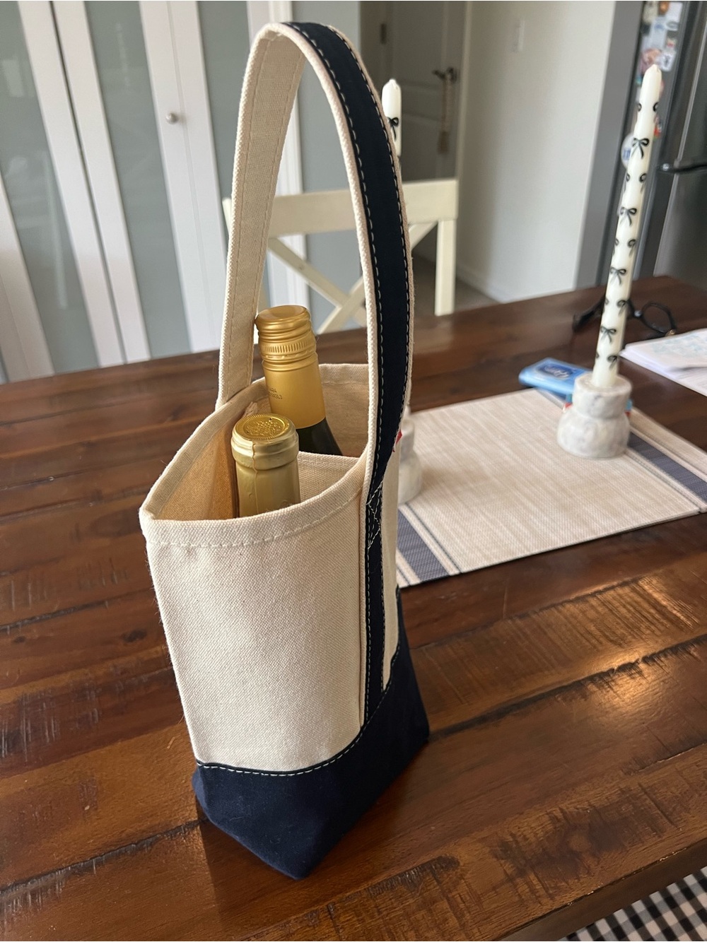 Canvas Two-Tone Wine Tote in Natural and Navy—NWOT!